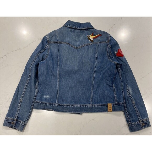 Tommy Hilfiger Womens Embroidered Y2K Jean Denim Jacket Distressed Sz L - Picture 2 of 14